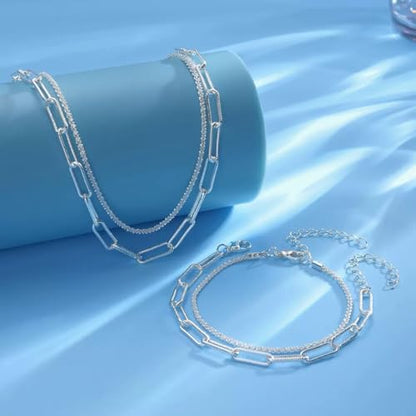Necklace Bracelet for Women, Chocker Necklace, Crystal Bracelet Jewelry Set for Women, Wedding Jewelry for Bride, Sparkly Party Prom Hypoallergenic - color: Sliver