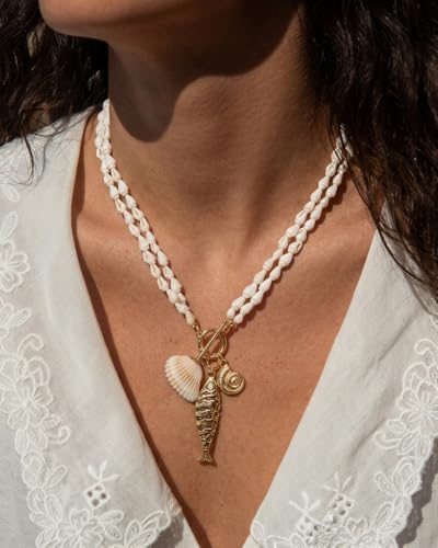 Chunky Gold Fish Pendant Necklace For Women Long Silk Scarf Turquoise Strand Necklace With Fish Pendants Boho Beach Shell Statement Necklaces - style: Shell Strand