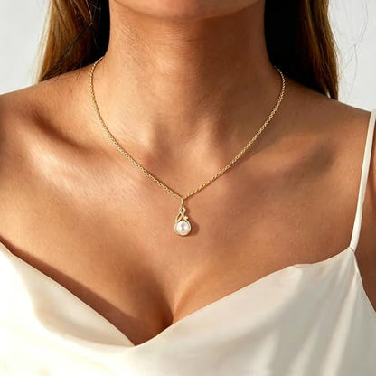 Freshwater Pearl Necklace for Women | 14K Gold Plated Infinity Pendant Fine Jewelry | Dainty Everyday Layering Chain with Lobster Clasp - color: Gold Moissanite