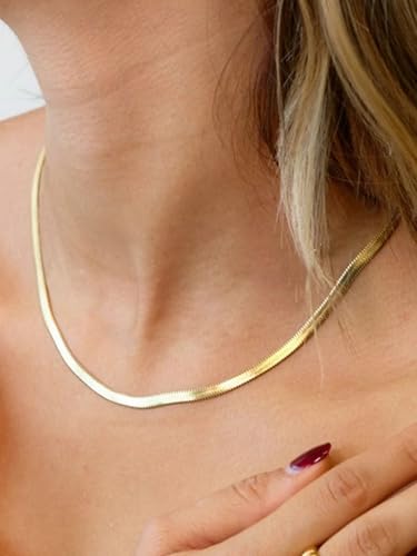ChainsHouse Flat Snake Chain Herringbone Choker Necklace for Women, Stainless Steel/Rose Gold/18K Gold Plated Dainty Adjustable Simple Short Layered Necklaces, 12"/15"/18" with 3.5" Extender - color: a. 14k gold plated-5mm