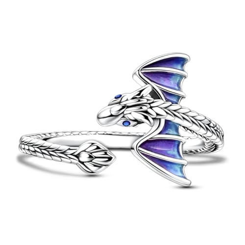 Hapour Adjustable Dinosaur Rings for Women S925 Sterling Silver Stackable Open Eternity Band Wing Dino Rings - color: A