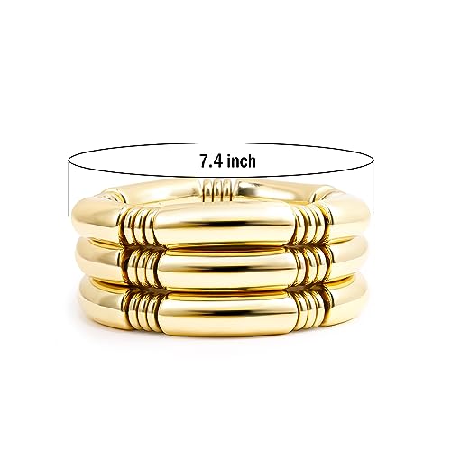 Gold Chunky Bangles Bracelets For Women 14k Gold Plated Stack Layered Curved Bamboo Tube Stretch Bracelets Gift Jewelry - color: 3pcs Gold