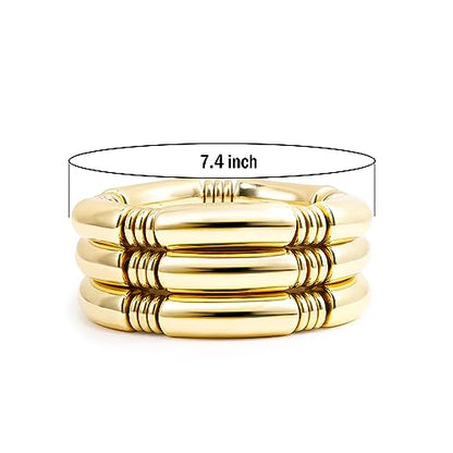 Gold Chunky Bangles Bracelets For Women 14k Gold Plated Stack Layered Curved Bamboo Tube Stretch Bracelets Gift Jewelry - color: 3pcs Gold