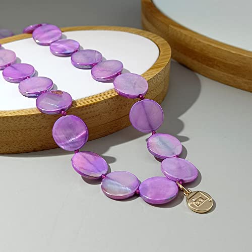Firstmeet Flat Round Coin Shell Beads Long Knotted Necklace Natural Mother of Pearl Handmade Jewelry For Women - color: Purple AB
