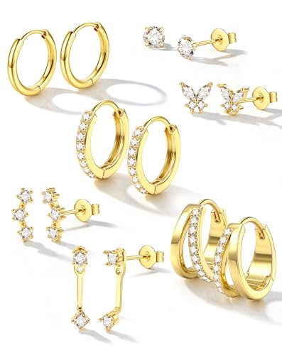 BESTEEL 7Pairs Hypoallergenic Gold Plated Earrings for Women Earring Stacks | Trendy Small Stud Huggie Hoop Earring Stacks Set Surgical Steel Cartilage Helix Jewelry for Sensitive Ears Birthday Gifts - style: G- Double
