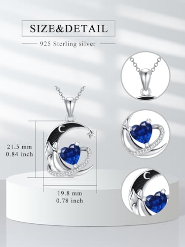 I Love You to the Moon and Back Necklace 925 Sterling Silver Black Crescent Moon Star Pendant with Heart Birthstone Necklace Anniversary Gothic Jewelry Gifts for Women Wife Lovers - color: 09-Sep-Sapphire