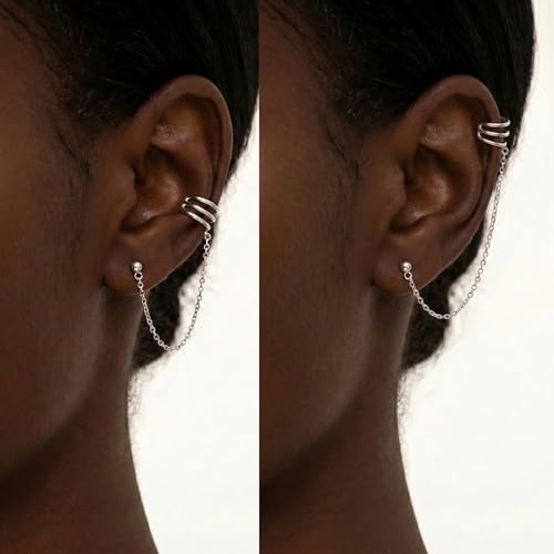 SLUYNZ 925 Sterling Silver Cuff Earrings Chain for Women Crawler Earrings Studs - color: A-Silver