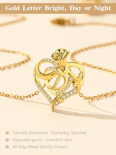 14k Gold Heart Initial Necklaces for Women, Dainty Letter Pendant Chain Necklace, Letter A to Z Initial Jewelry, Anniversary Birthday Gifts for Her Wife Mom Daughter - style: Letter D