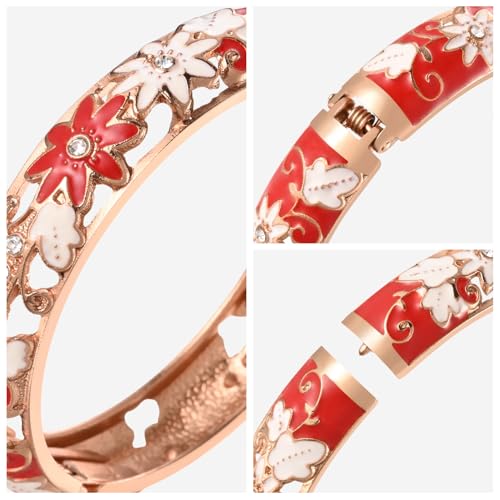 UJOY Womens Multi-Colors Cloisonne Bracelet Plated Flower Hollowed Enameled Hinged Cuff Bangles Jewelry Gift 88A10 - color: 3 Pcs Set-C11-Red
