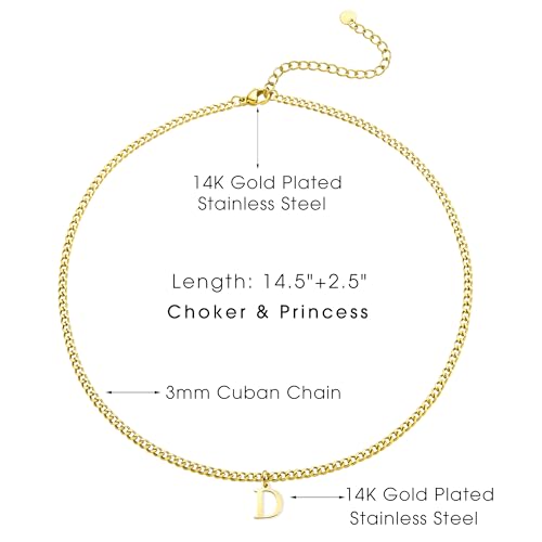 Gold Initial Necklace for Women, 3mm Cuban Link Letter Necklace, 14.5"+2.5" Adjustable Choker, Gold Plated A-Z Alphabet Pendant Necklace, Personalized Jewelry Gift for Her - style: D