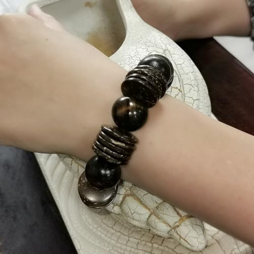 Caiyao Bohemian Wooden Round Beaded Chunky Stretch Bracelet Ethnic Boho Bangle Coconut Husk Beads Jewelry Wood Elastic Wristband for Women