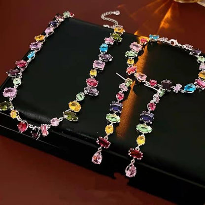 Silver Plated Rainbow Crystal Necklace, Sparkly Cubic Zirconia Rhinestone Multicolor Chain Choker Bracelet Earring Jewelry Set - style: Earrings