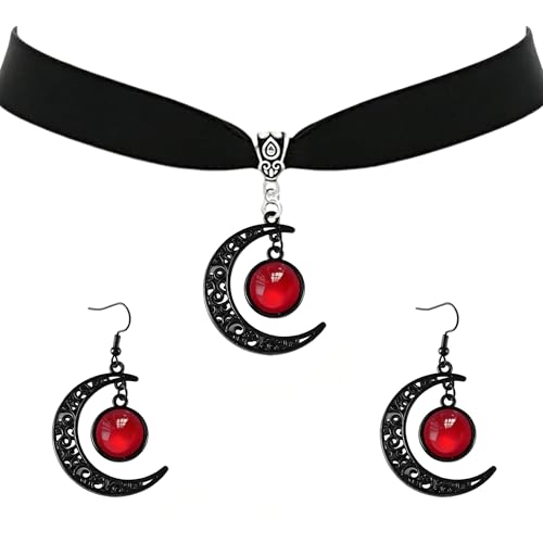 ONLYJUMP Gothic Witch Moon Earrings Necklace Set for Women Goth Black Velvet Moon Choker Necklace Moon Zirconia Dangle Drop Earrings Dark Halloween Witch Vampire Jewelry - color: Red