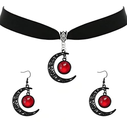 ONLYJUMP Gothic Witch Moon Earrings Necklace Set for Women Goth Black Velvet Moon Choker Necklace Moon Zirconia Dangle Drop Earrings Dark Halloween Witch Vampire Jewelry - color: Red