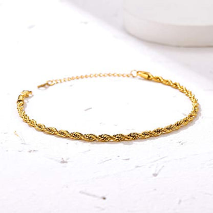 Adjustbale Link Chain Anklet for Women Summer Jewelry, 316L Stainless Steel Figaro/Wheat/Twist Rope/Cuban Foot Bracelet-Waterproof, Resizable 9"-12" (Gift Box Included) - color: 1, Rope - Gold