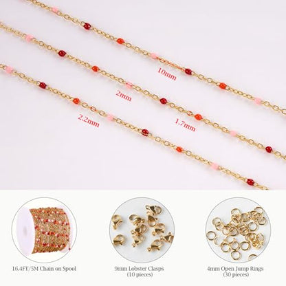 KYUNHOO 16.4FT Gold Plated Stainless Steel Enamel Jewelry Making Chain Roll | Colorful Beaded Chain Links for Jewelry Crafts Making with Lobster Clasps Jump Rings - color: gold-red orange
