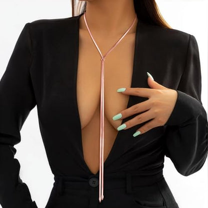 Chunky Long Y Necklace for Women, Waterproof Herringbone Drop Dangle Necklace, Adjustable Lightweight Trendy Fashion Slip Tie Necklace, Thin Layered Choker Chest Chain - color: Rose Gold