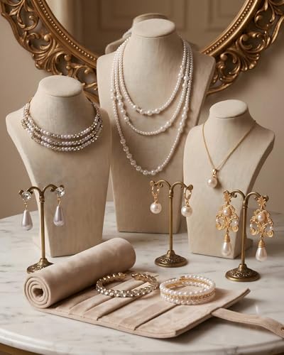 Pearl Necklace Set - Faux Pearl Earrings and Bracelets Jewelry Set for Women Wedding Bridal Shower Tea Party Accessories - style: 8pcs-gold