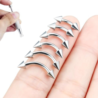 Internally Threaded Eyebrow Piercing Jewelry Surgical Steel Tiny Eyebrow Rings Vertical Labret Lip Jewelry Small Ear Rook Earring for Women Men 18g 16g 14g Plus Piercing Ball Grabber Tool - color: silvertone, size: 14g,spike end