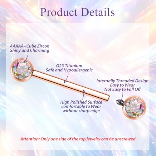 FUNLMO 2pcs Nipple Piercing Jewelry Titanium Nipple Rings Internally Threaded Tongue Rings Bridge Piercing Jewelry Nipple Barbells 14G 12-20mm - color: Rose gold,Aurora Borealis CZ