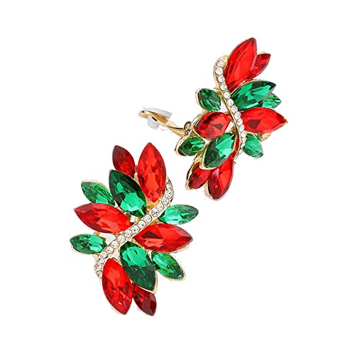 Rosemarie Collections Women's Dazzling Crystal Marquis Leaf Cluster Statement Clip On Earrings, 1.87" - style: Christmas Mix Green Red Crystal Gold Tone