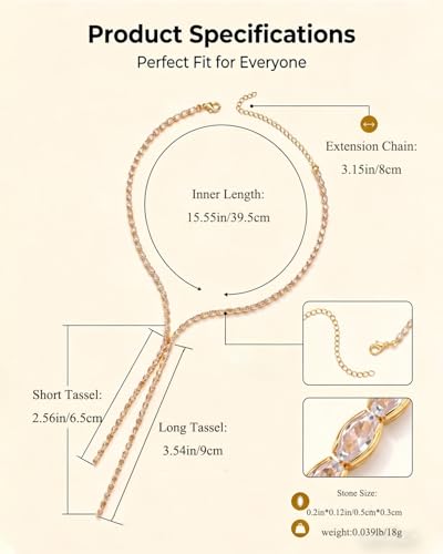 Rhinestone Necklace for Women, Y-Shaped Lariat Necklaces with Cubic Zirconia, Adjustable Drop Pendant, Gold Dainty Tennis Necklace for Prom, Weddings, and Parties, Elegant Jewelry Gift