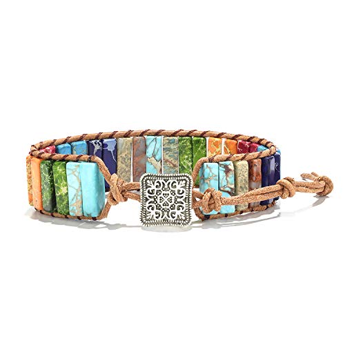 sedmart 7 Chakra Bracelets for Women with Real Stones Leather Wrap Healing Bead Bracelet Women Men Boho Friendship Jewelry - color: A6 Colorful Square button & Chakra
