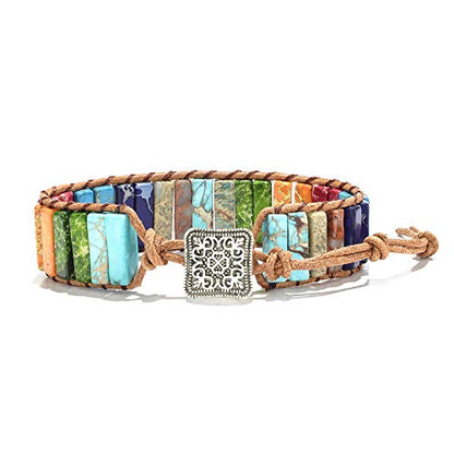 sedmart 7 Chakra Bracelets for Women with Real Stones Leather Wrap Healing Bead Bracelet Women Men Boho Friendship Jewelry - color: A6 Colorful Square button & Chakra