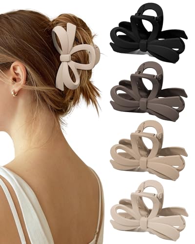 ACECHA Cute Bow Claw Clip for Women Thick Hair, Strong Grip Black Khaki | matte finish, non-slip & durable bows clips, 4.1 inch large size, ideal for thick hair, daily wear, work, parties - color: Black, Brown, Dark Khaki, Light Khaki