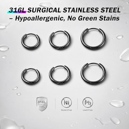 Black Hoop Earrings for Men 8mm 10mm 12mm – Surgical Stainless Steel Hypoallergenic Mens Small to Medium Hoop Earrings Set (3 Pairs) - style: G:3pairs,8mm+10mm+12mm,black