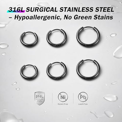 Black Hoop Earrings for Men 8mm 10mm 12mm – Surgical Stainless Steel Hypoallergenic Mens Small to Medium Hoop Earrings Set (3 Pairs) - style: G:3pairs,8mm+10mm+12mm,black