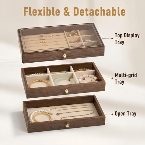 3 - Layer Wooden Drawers Jewelry Box for Women, Jewelry Organizer with Acrylic Cover & Velvet Lining - Adjustable Compartments for Earrings, Rings, Necklaces, Bracelets, Lipstick - size: 10"D x 4.5"W x 6.8"H