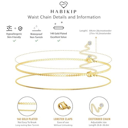 14K Gold Plated Layered Body Waist Chain for Women | Layered Waist Chain with CZ Heart and Pearl Pendant, Belly Chain Belt Jewelry for Women, Bikini Summer Beach Wear - style: Box & Square Waist Chain