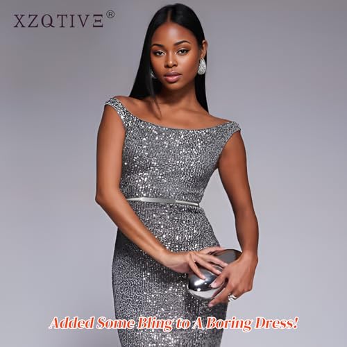 XZQTIVE 2 Pieces Women Skinny Metal Chain Waist Belt Stretchy Saree Cinch Belt for Dress Gold Sliver - color: 00 Smooth-gold/Silver, size: Fit waist 23-25 in