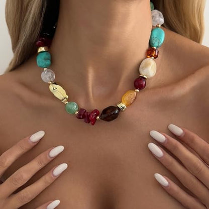 Chunky Acrylic Beaded Necklace for Women Colorful Acrylic Resin Beaded Choker Big Round Beads Statement Necklace Fashion Jewelry - color: GoldA
