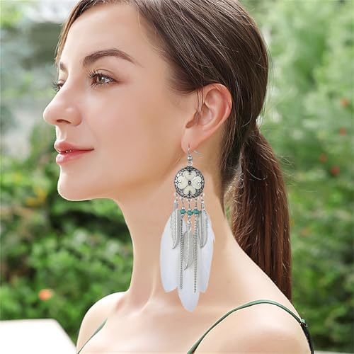 Dreuyet Boho Long Feather Drop Dangle Earrings for Women Retro Bohemian Ethnic Fringe Multicolor Tassel Feather Earring Handmade Statement Dream Catcher Earrings Jewelry - color: White Round Heart