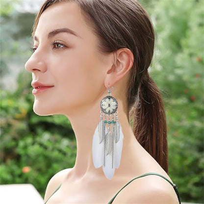 Dreuyet Boho Long Feather Drop Dangle Earrings for Women Retro Bohemian Ethnic Fringe Multicolor Tassel Feather Earring Handmade Statement Dream Catcher Earrings Jewelry - color: White Round Heart