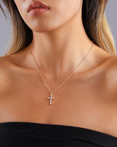 Cross Necklace for Women, 14K Gold Plated Cubic Zirconia Cross Pendant Necklace, Trendy Christian Jewelry Gifts for Baptism First Communion Christmas - color: Style C - Gold