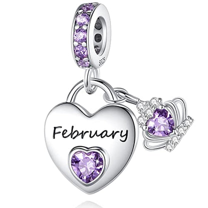 Birthstone Charms for Charms Bracelet: 925 Sterling Silver Heart Dangle Charms for Bracelets and Necklaces, Birthday Mother's Day Christmas Gifts For Women. - color: February