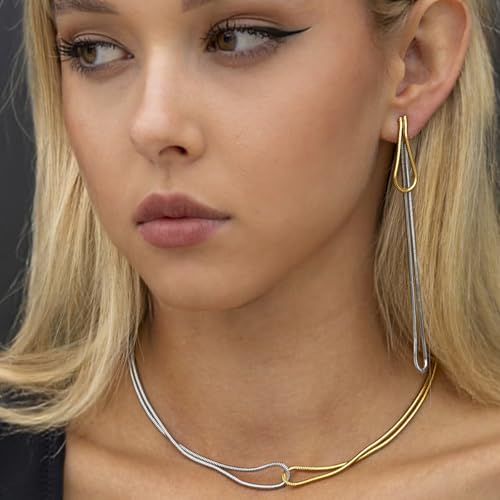 Women Non Tarnish Two Tone Snake Chain Twisted Link Necklace | waterproof stainless steel material,dual color mixed metal necklace,fashion jewelry gifts