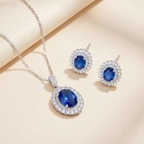 Cubic Zirconia Necklace and Earrings Set for Women 14K White Gold Plated Bridesmaid Silver Jewelry Set for Women Pendant Necklace Hypoallergenic Stud Earrings Set Jewellery Gift for Mom Wife Bride Bridesmaid - color: Sapphire Blue-Oval Shape