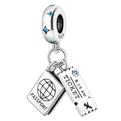 MULA 925 Sterling Silver Charms for Bracelets and Necklace Family Pendants | Airplane Travel Dangle Beads Family Tree Jewelry Charms for Women - color: Passport and Ticket Charm