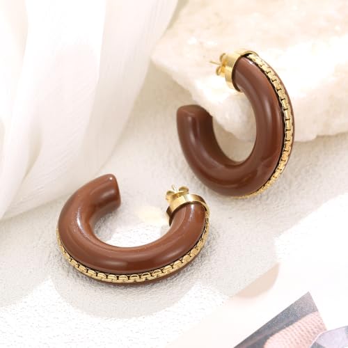 Gold Plated Resin Chunky Hoop Earrings Hypoallergenic Push Back Hoops for Sensitive Ears - color: Chocolate Brown