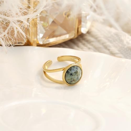 Made by Nami Adjustable Gold Plated Gemstone Ring for Women Handmade Boho Stacking Rings Chunky Open Band Turquoise Statement Jewelry Unique Minimalist Design for Everyday or Special Occasions - style: Grey Stone