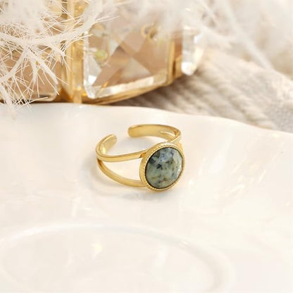 Made by Nami Adjustable Gold Plated Gemstone Ring for Women Handmade Boho Stacking Rings Chunky Open Band Turquoise Statement Jewelry Unique Minimalist Design for Everyday or Special Occasions - style: Grey Stone