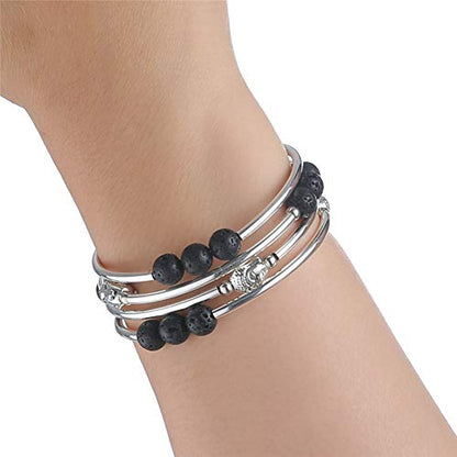 PEARL&CLUB Beaded Chakra Bangle Turquoise Bracelet - Fashion Jewelry Wrap Bracelet with Thick Silver Metal and Mala Beads, Birthday Gifts For Women - color: 58-lava bead