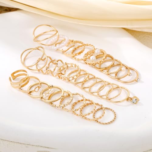 Golden Knuckle Rings Set for Women, 14k Golden Plated Open Stacking Knuckle Midi Rings Dainty Cubic Zirconia Crystal Simple Hollow Cute Rings Pack Jewelry Gifte - color: Golden 29PCS
