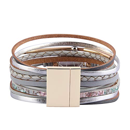 GelConnie Leather Cuff Bracelet Baroque Pearl Wrap Bracelet Gorgeous Gold Tube Bangle Boho Bracelet Bohemian Wristband Jewelry Gift for Women Wife - color: Women Leather Bracelet -Grey