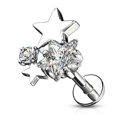 Pierced Owl - 16GA Stainless Steel CZ Crystal Star Cluster Top Labret Monroe Cartilage Ear Stud - style: Silver Tone