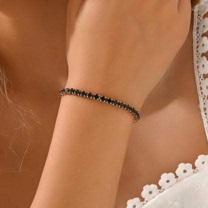 18K Gold Plated Tennis Bracelets for Women, Adjustable Cubic Zirconia Bracelet with Multi-color 4mm CZ Diamond Paperclip Chain, Dainty Trendy Birthday Bridal Jewelry Gifts for Women Daily Party Wear - color: Black